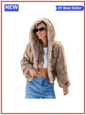 Cropped Faux Fur Coat Hooded Open Front Fluffy Jacket
